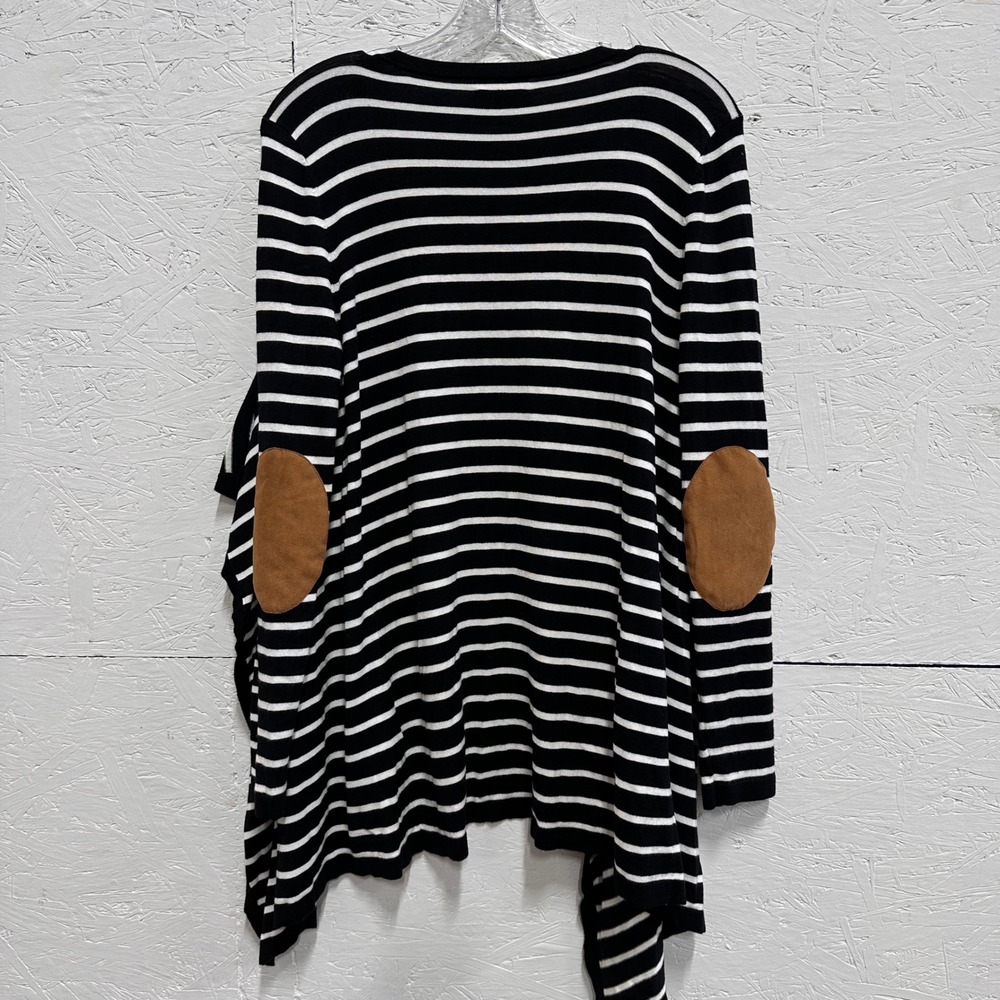 Market & Spruce XL Open Front Wrap Cardigan Black White Striped Elbow Patch